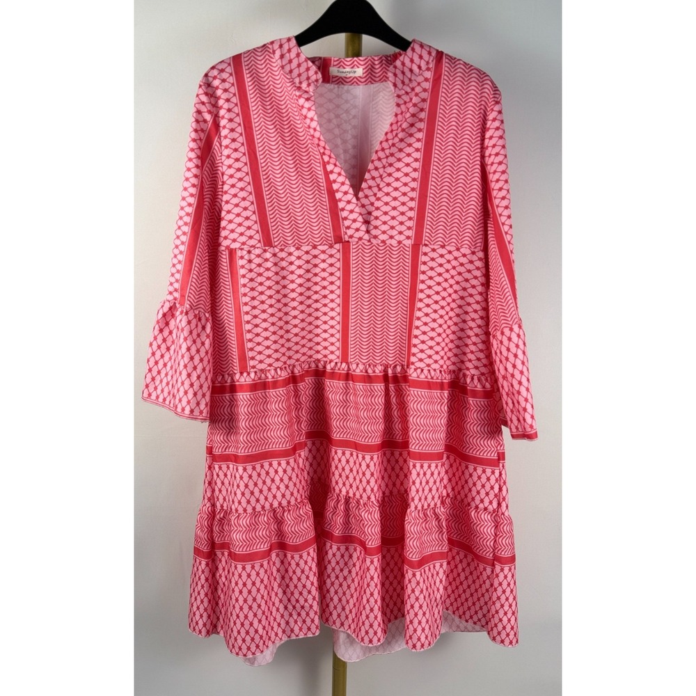 Sunday Up Pink Red Geometric Tiered Boho Dress Bell‎ Sleeves Women's Medium